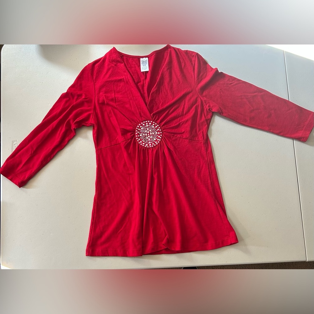 Chic Red Blouse with Embellished Center